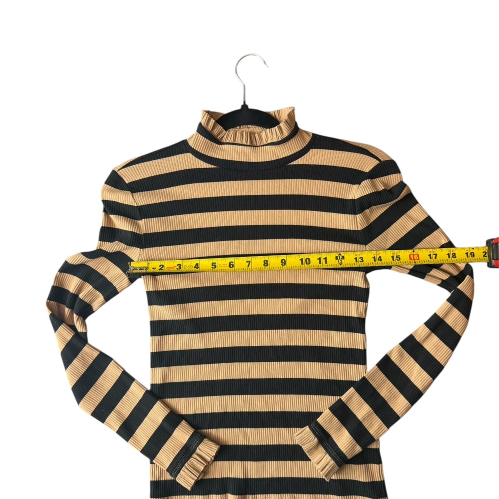 J.Crew Montauk Stripe Ribbed Mockneck XS Sand Black Breton Ruffle Trim - Picture 12 of 16
